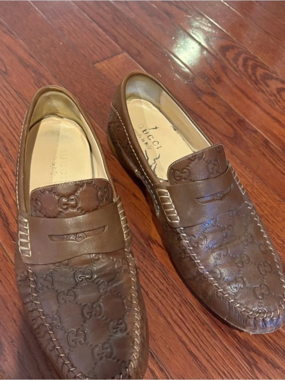 Gucci Brown Leather Embossed Penny Loafers